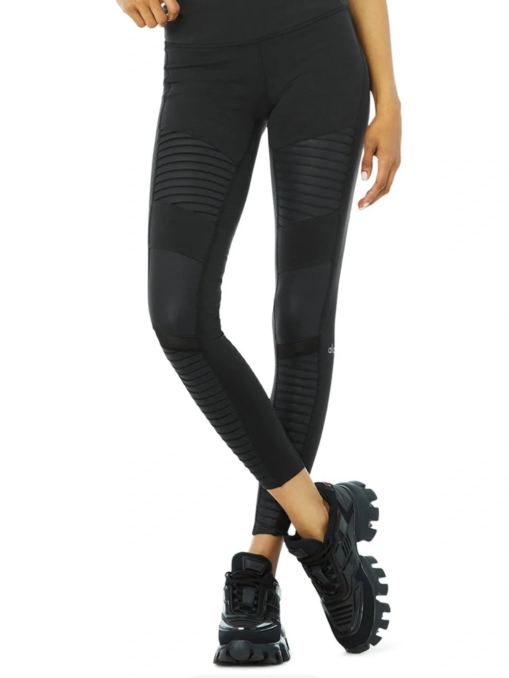 ALO Yoga Black Moto Ribbed-Panel Leggings